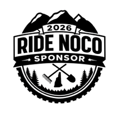 Black and white logo for 'Ride Noco 2026 Sponsor' with mountains, trees, and a paddle.